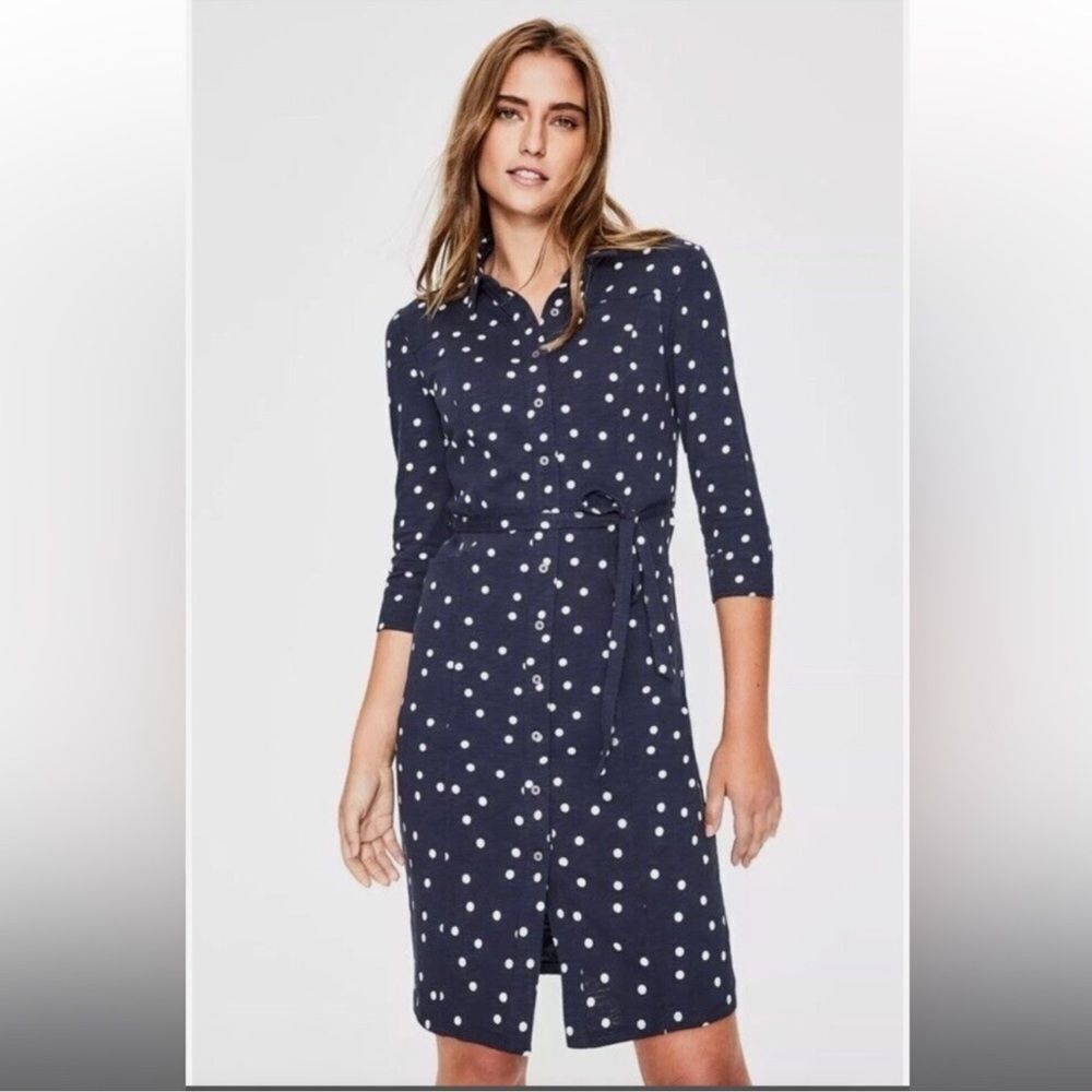 Boden Tara Jersey NavyโWhite Polka Dot Shirt Button Front Dress Womenโs 6